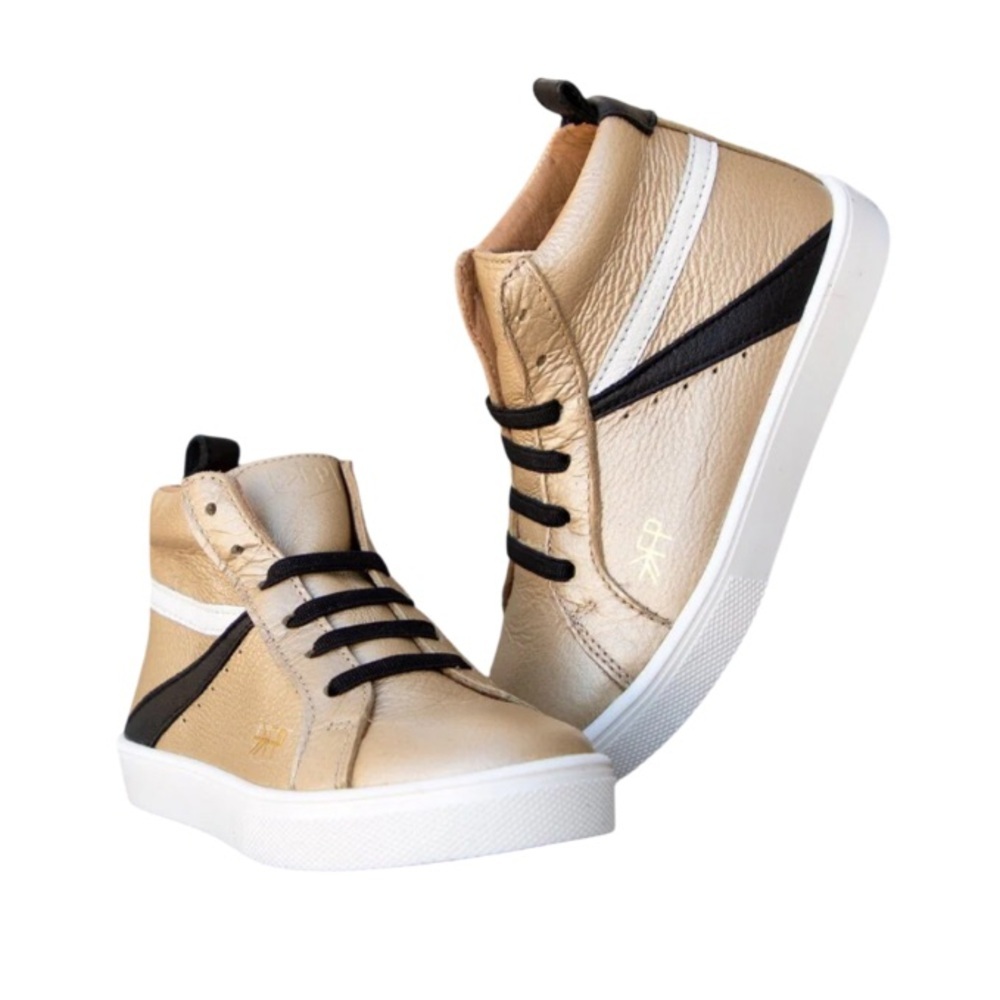 Freshly Picked Platinum Gold, white and Black Kids Sneakers-Size 5